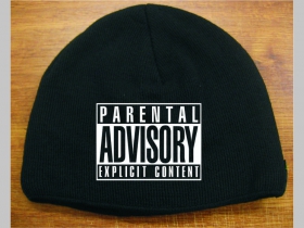 Parental advisory čierna pletená čiapka stredne hrubá vo vnútri naviac zateplená, univerzálna veľkosť, materiálové zloženie 100% akryl